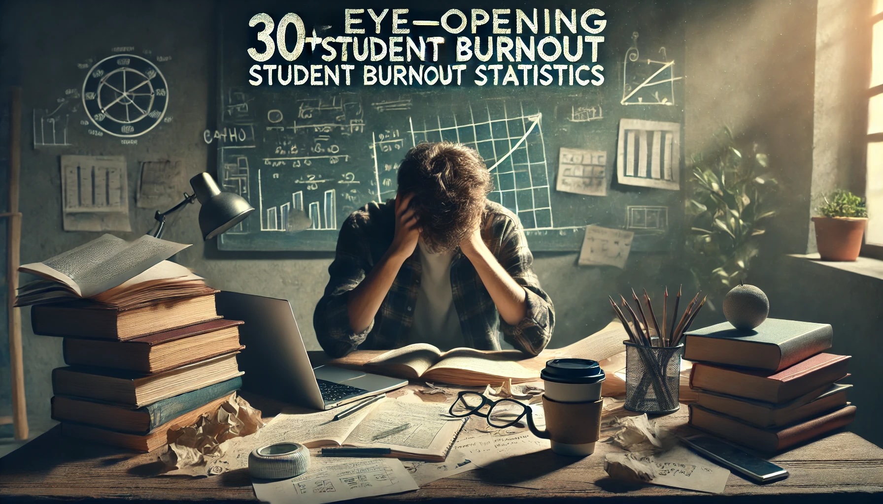DALL·E 2024 09 18 14.13.53 A landscape article thumbnail for 30 Eye Opening Student Burnout Statistics. The scene shows a stressed exhausted student sitting at a cluttered d